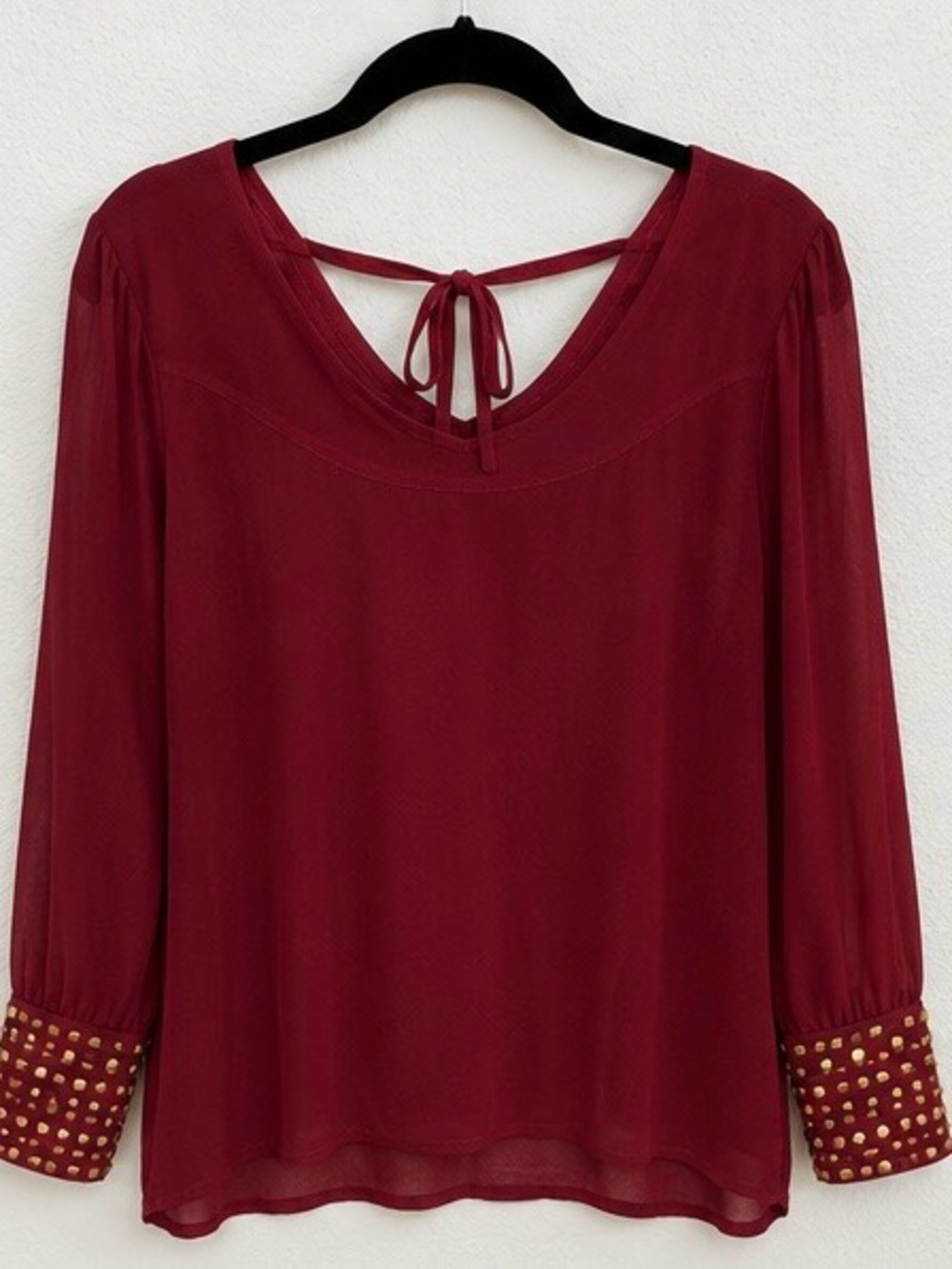 Romeo & Juliet Couture Maroon Long Sleeve Tie-Back Sheer Blouse